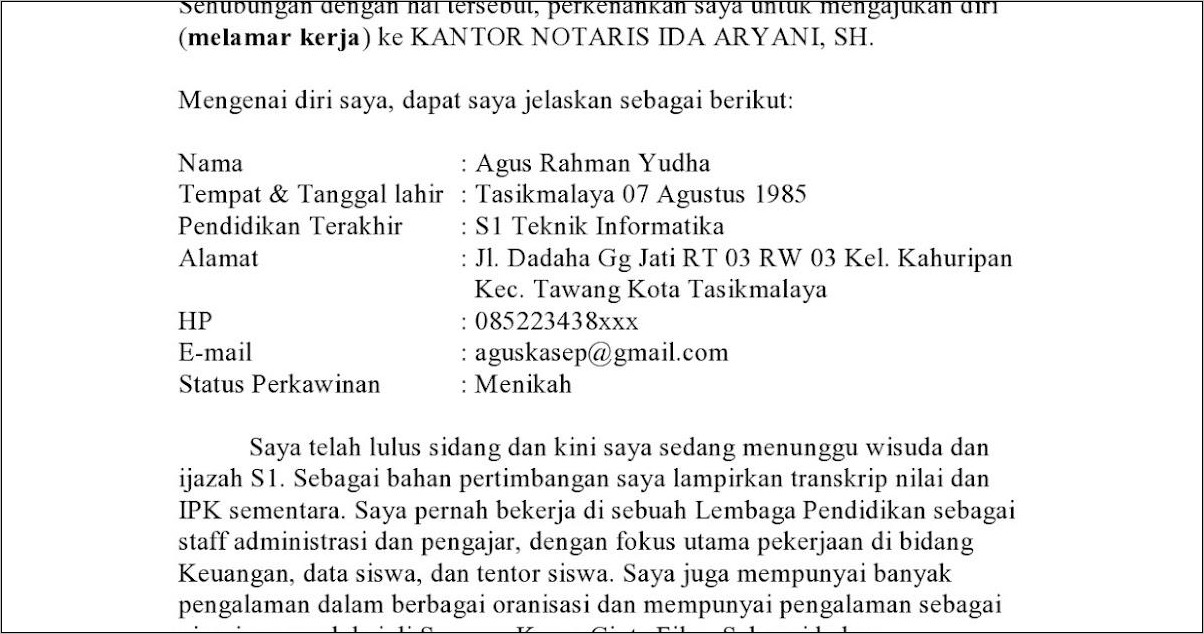 Contoh Surat Lamaran Karyawan Notaris